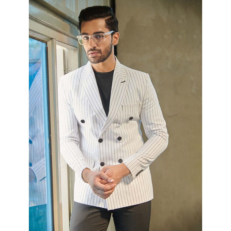MR BUTTON White Striped Peaked Lapel Double Breasted Cotton Slim Fit Blazer (L)
