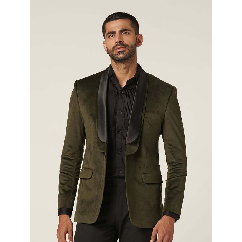 MR BUTTON Green Slim Fit Velvet Tuxedo Blazer (S)