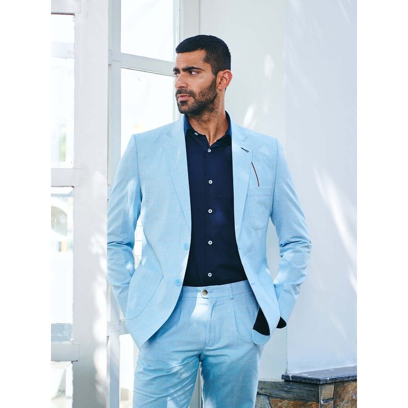 MR BUTTON Blue Checked Slim Fit Single Breasted Casual Blazer (XL)