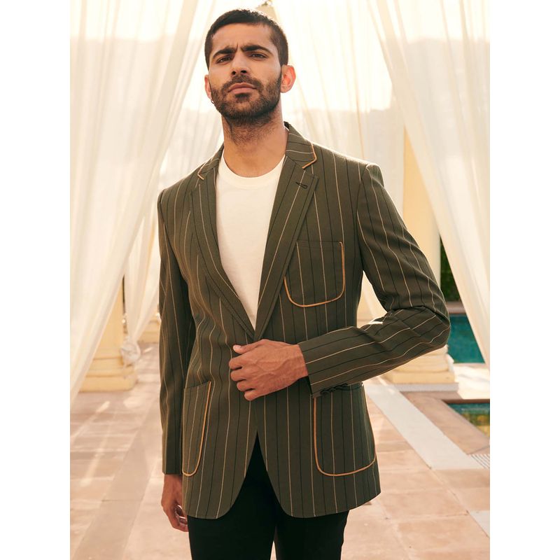 MR BUTTON Green Striped Notched Lapel Single Breasted Blazer (L)