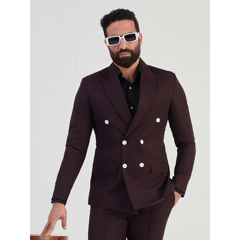 MR BUTTON Maroon Slim Fit Double Breasted Formal Blazer (S)