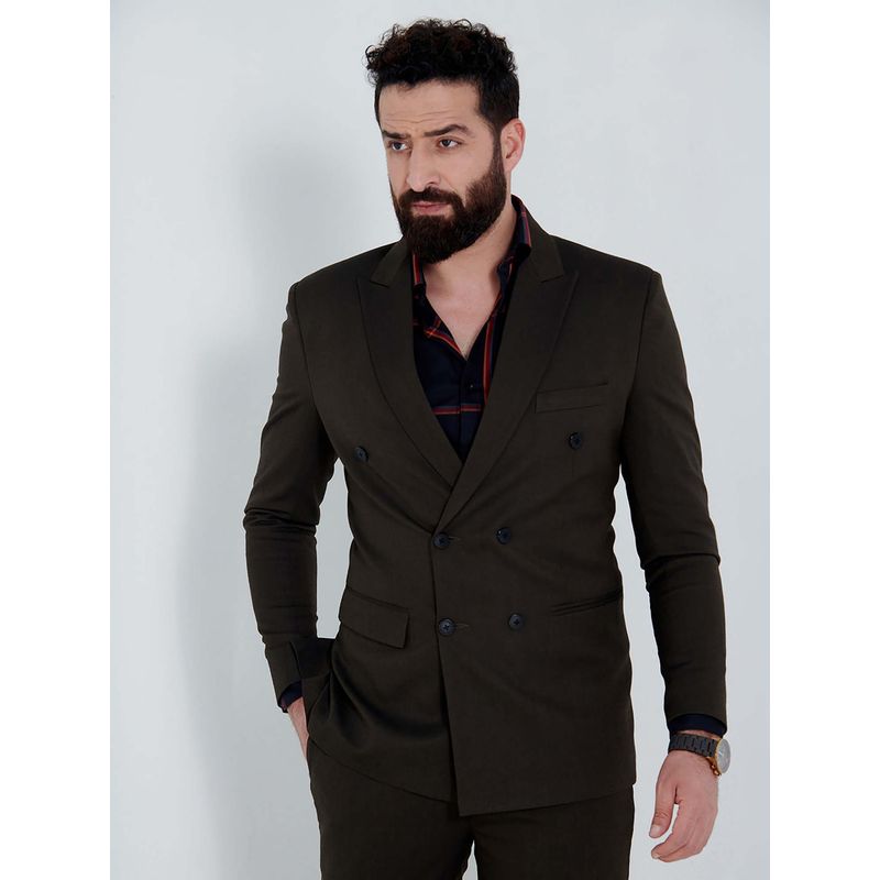 MR BUTTON Men Olive Green Double Breasted Blazer (S)