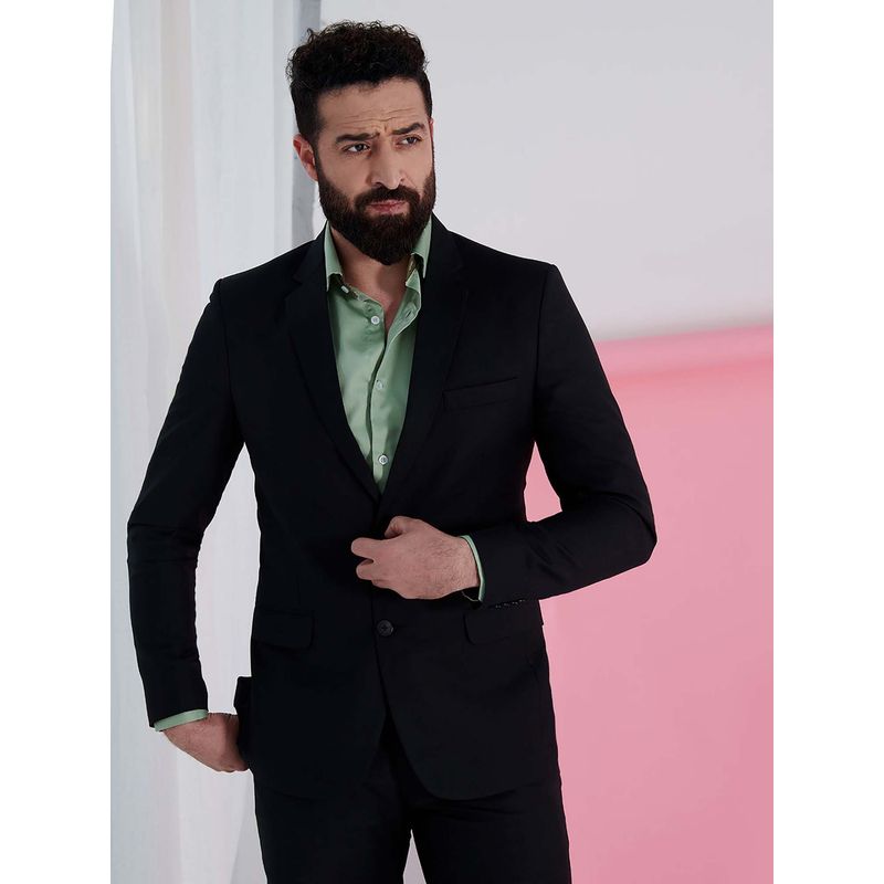 MR BUTTON Black Slim Fit Single Breasted Formal Blazer (M)