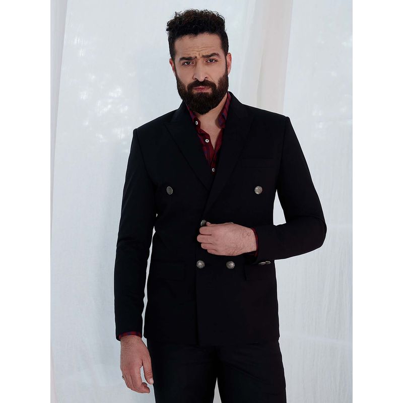 MR BUTTON Men Black Solid Double Breasted Blazer (S)