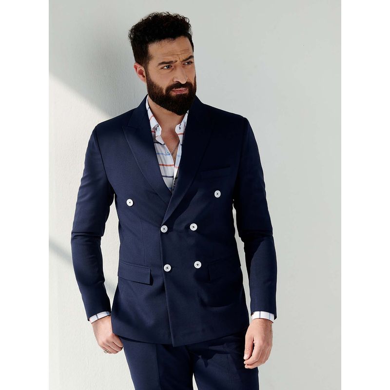 MR BUTTON Men Blue Solid Slim Fit Double Breasted Formal Blazer (L)