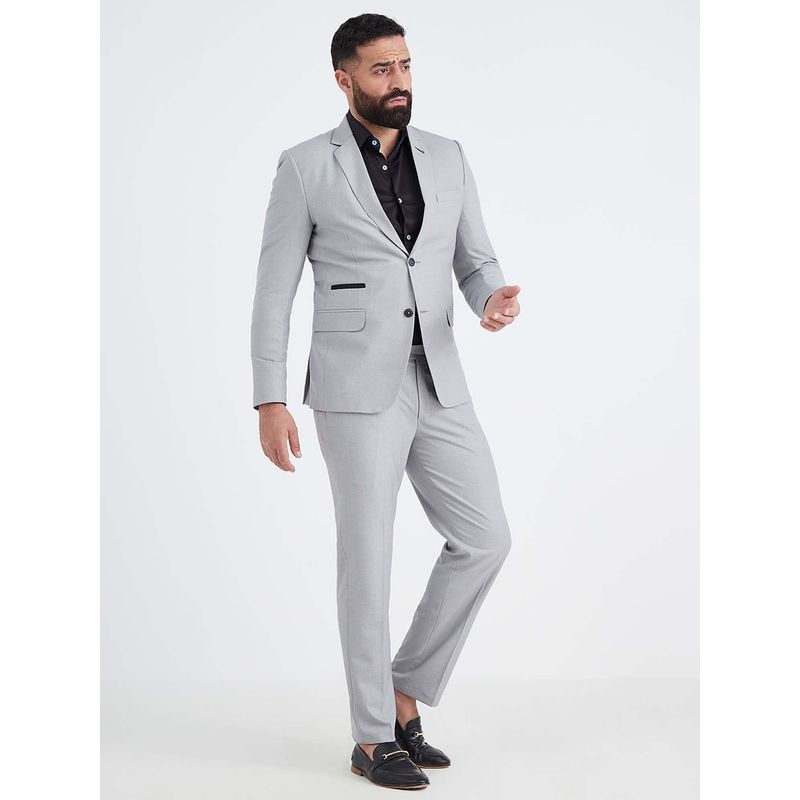 MR BUTTON Men Grey Solid Single Breasted Slim Fit Blazer (L)