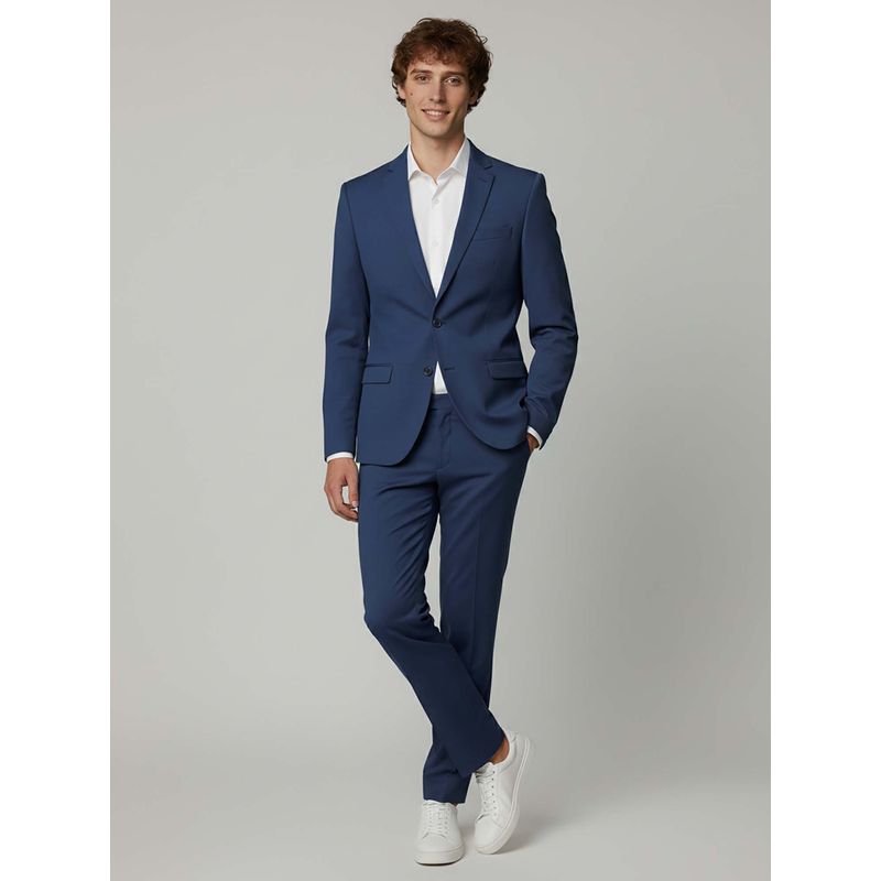 MR BUTTON Men Navy Blue Solid Slim Fit Single Breasted Blazer (L)