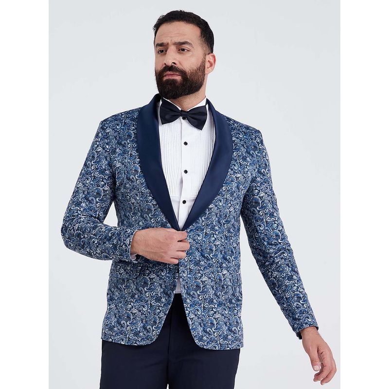 MR BUTTON Men Blue Printed Slim Fit Single Breasted Velvet Tuxedo Blazer (L)
