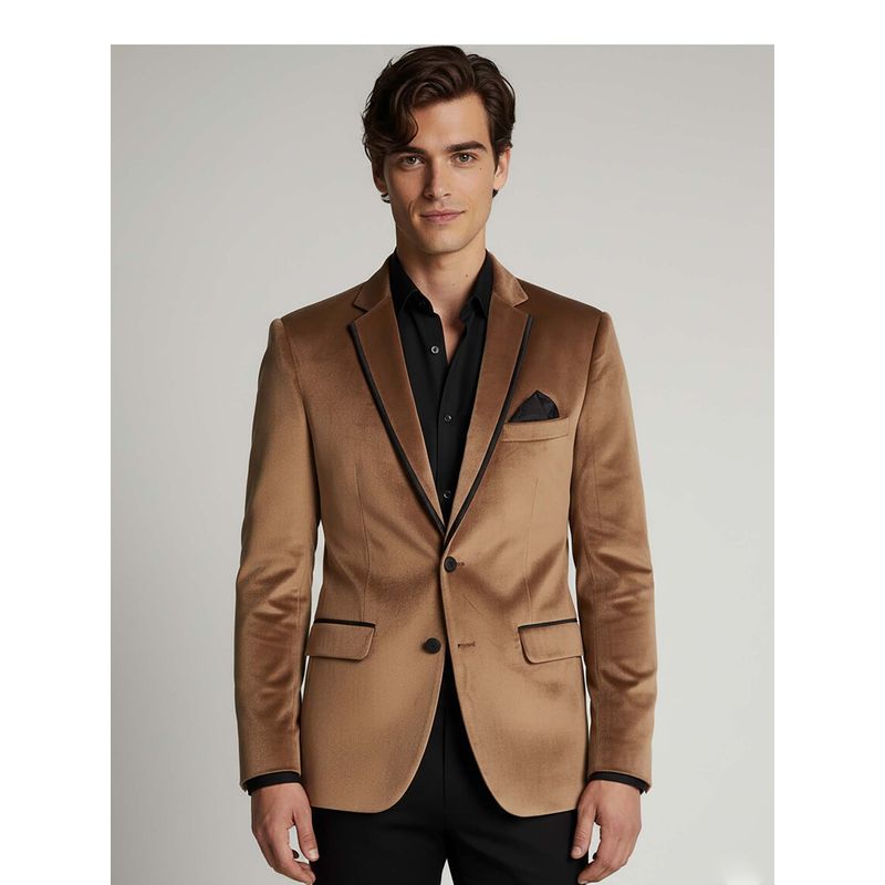 MR BUTTON Men Brown Slim Fit Single Breasted Velvet Blazer (S)