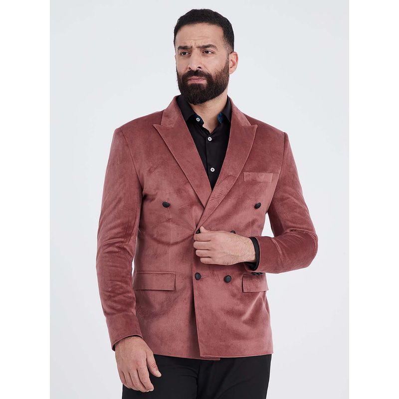 MR BUTTON Men Rose Pink Solid Double Breasted Velvet Blazer (S)