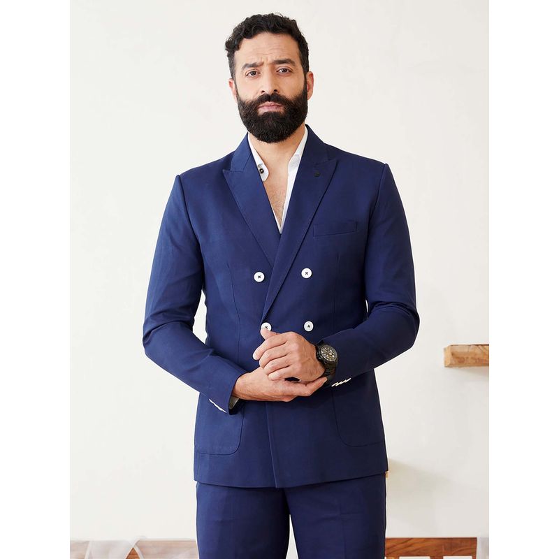 MR BUTTON Men Navy Blue Tailored Fit Double Breasted Blazer (S)