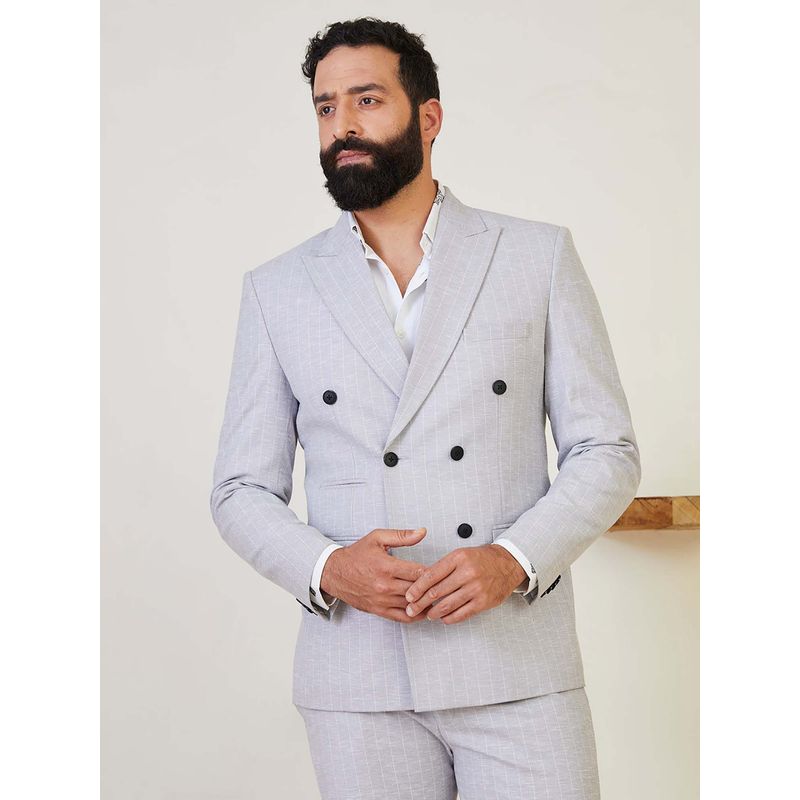MR BUTTON Striped Tailored Fit Grey Double Breasted Blazer (M)