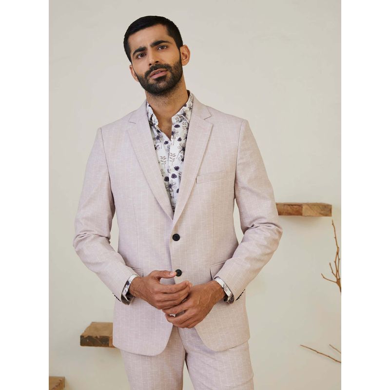 MR BUTTON Men Striped Pink Tailored Fit Single Breasted Blazer (S)