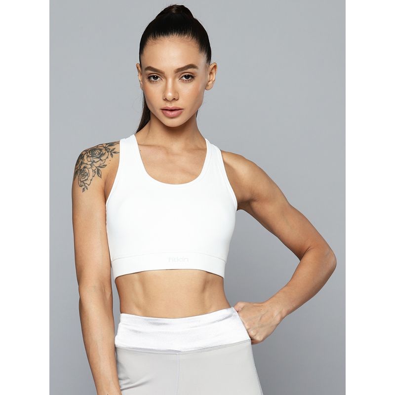 Fitkin White Medium Impact Sports Bra with Back Mesh (S)