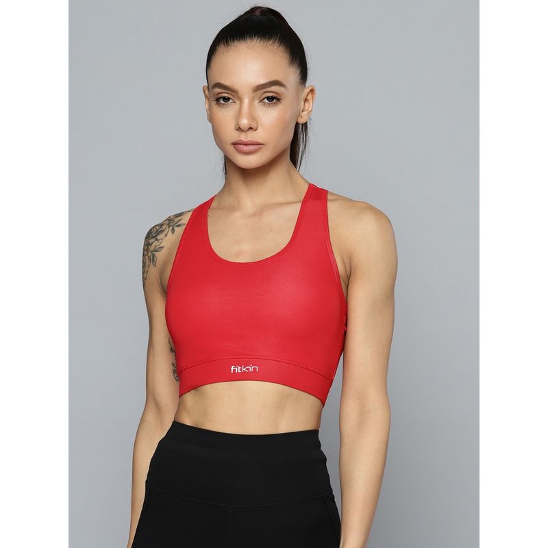 Fitkin Red Medium Impact Sports Bra with Back Mesh (S)