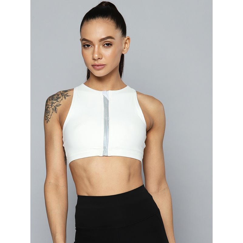 Fitkin White High Impact Sports Bra with Front Zipper (S)