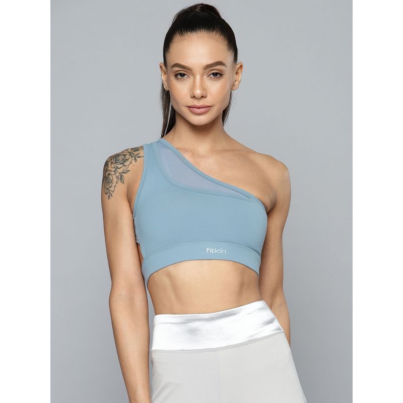 Fitkin Blue One Shoulder Sports Bra Running Workout Yoga (M)