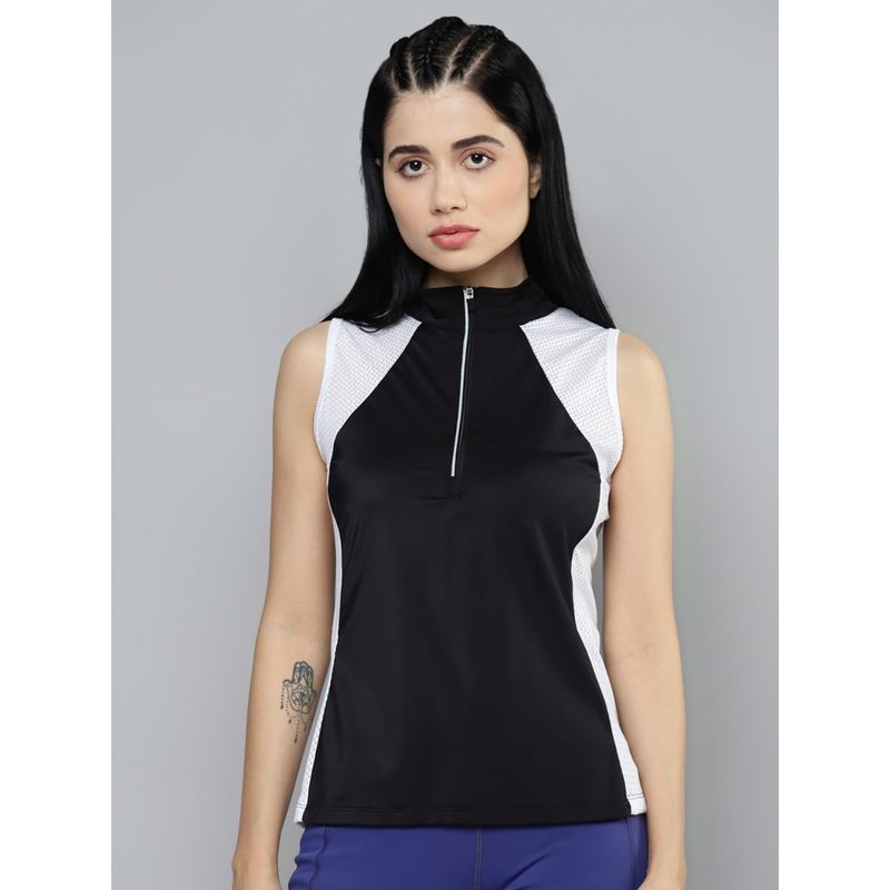 Fitkin Women Black & White Mesh Colorblock Slim Fit Tennis T-Shirt (S)