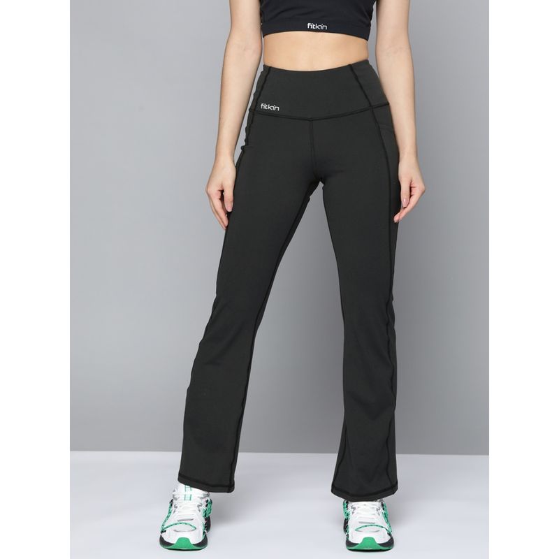 Fitkin Women Solid Black Bootcut Trackpant (S)