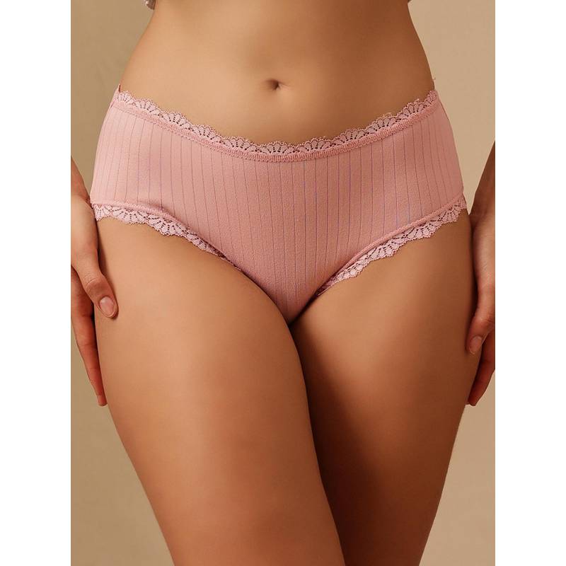 Clovia Ribbed Mid Waist Hipster - Peach (XL)