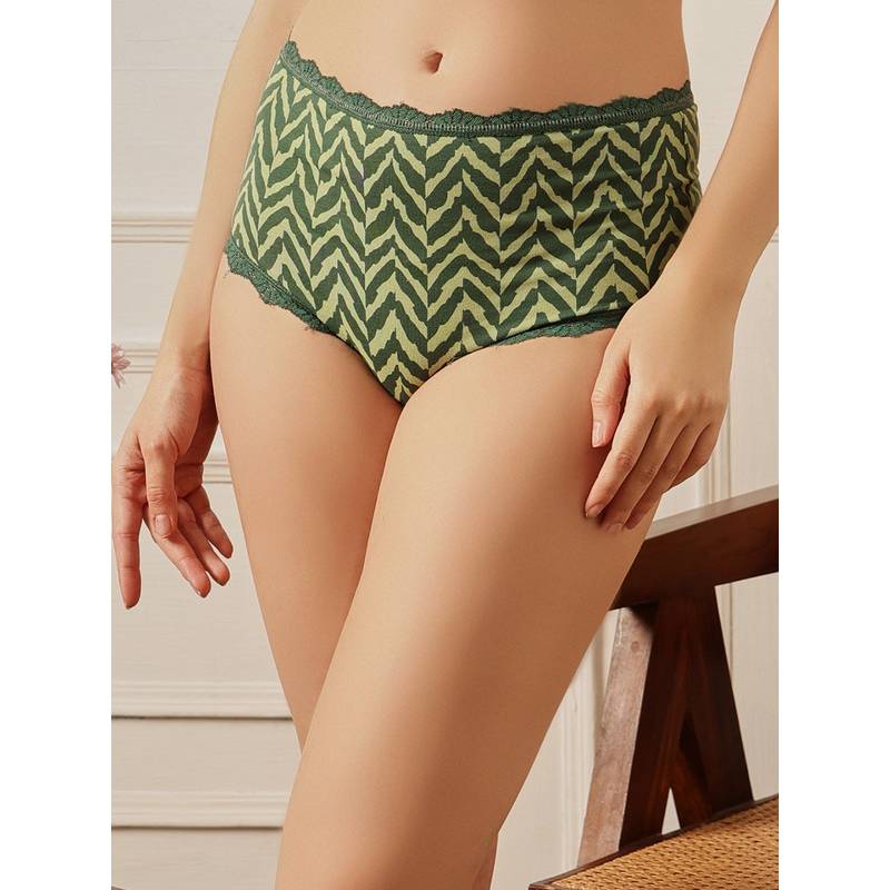 Clovia Green Retro Romance Cotton High Waist Floral Print Hipster Brief (S)