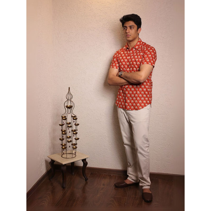 Spring Soul Red Cotton Printed Half Sleeves Shirt (S)