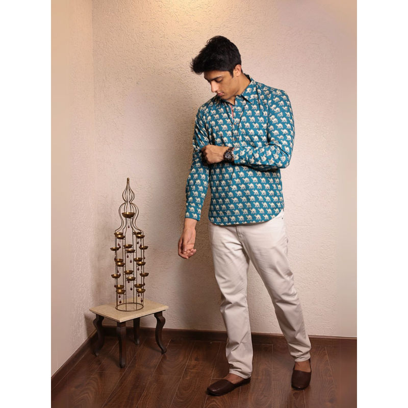 Spring Soul Blue Cotton Printed Full Sleeves Shirt (S)