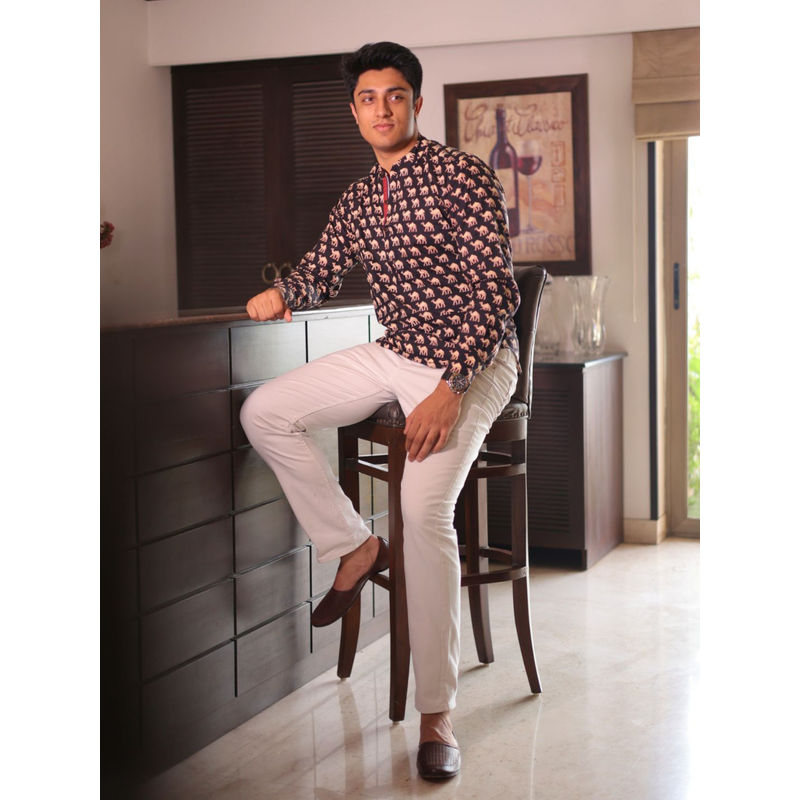 Spring Soul Brown Cotton Printed Full Sleeves Shirt (S)