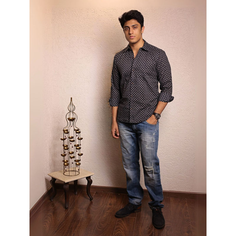 Spring Soul Black Cotton Printed Full Sleeves Shirt (S)