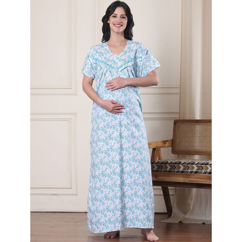 Secret Wish Blue Floral Pure Cotton Maternity Nightdress (M)
