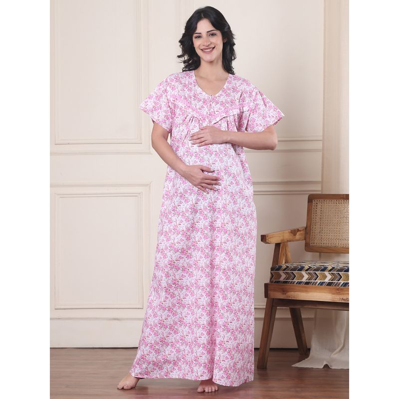 Secret Wish Pink Floral Pure Cotton Maternity Nightdress (M)