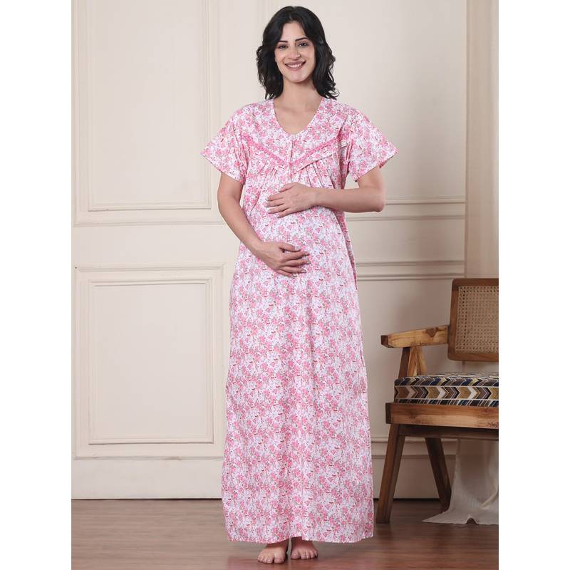 Secret Wish Pink Floral Pure Cotton Maternity Nightdress (M)