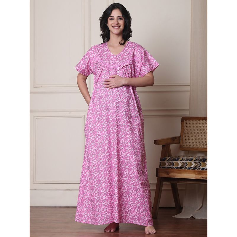 Secret Wish Pink Floral Pure Cotton Maternity Nightdress (M)