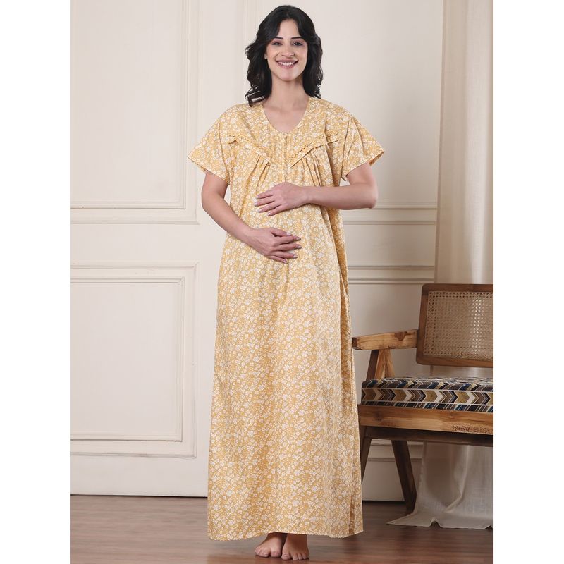 Secret Wish Yellow Floral Pure Cotton Maternity Nightdress (M)
