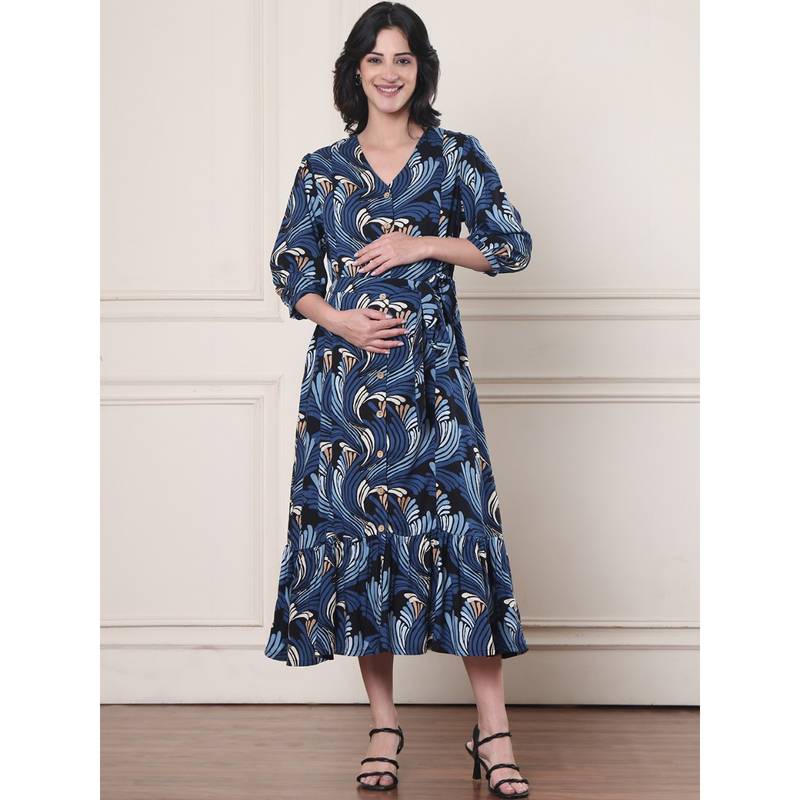 Secret Wish Blue Abstract Rayon Maternity Dress (M)