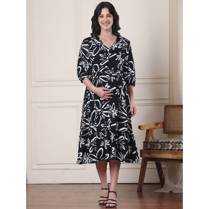 Secret Wish Black Floral Rayon Maternity Dress (M)
