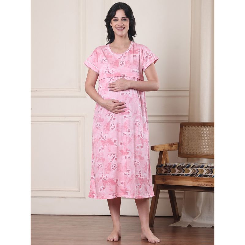 Secret Wish Pink Printed Hosiery Maternity Nightdress (M)
