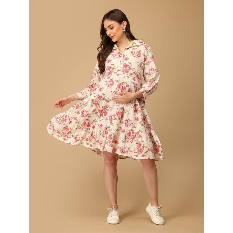 The Mom Store Cream And Petaled Maternity And Nursing Dress (L)