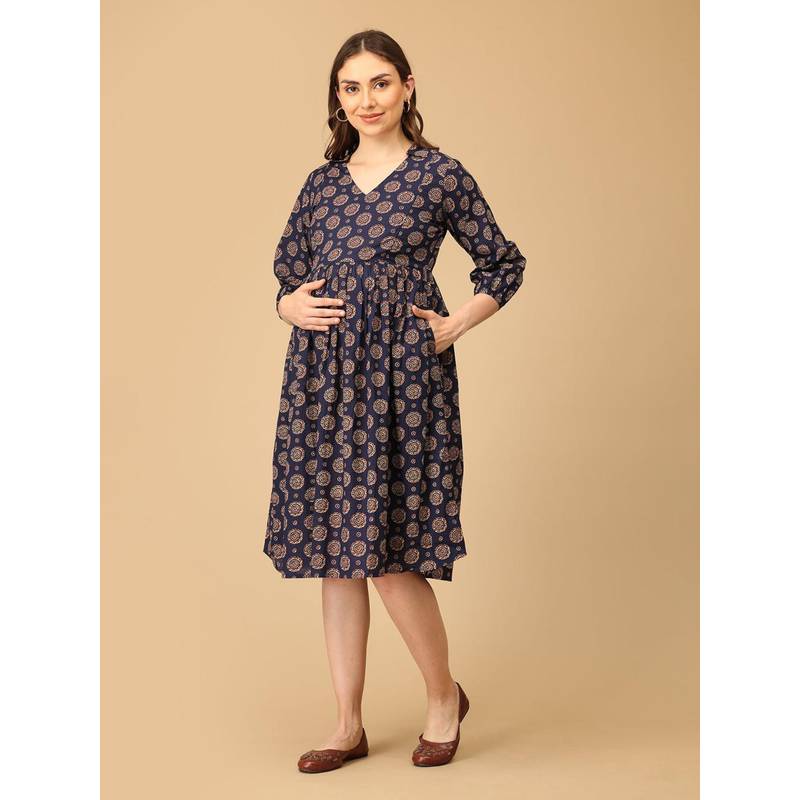 The Mom Store Navy Neat Maternity And Nursing Dress (2XL)