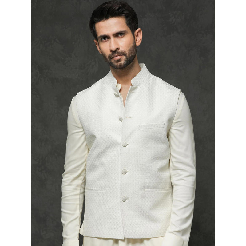 Rare Rabbit Mens Off White Poly Viscose Elastane Sleeveless Mandarin Collar Nehru Jacket (S)