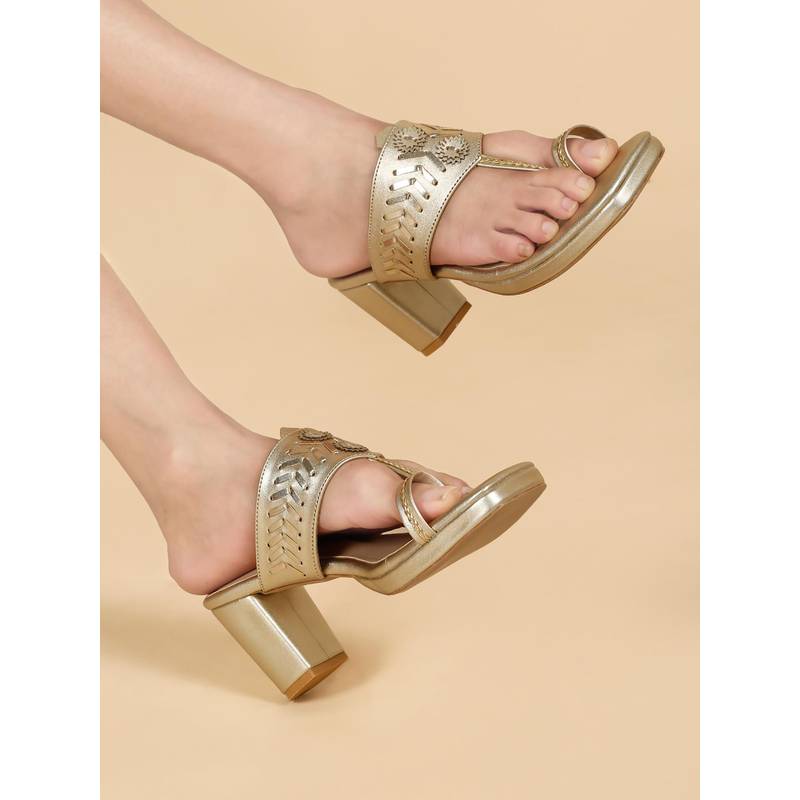 Flat n Heels Women Gold Block Heels (EURO 36)