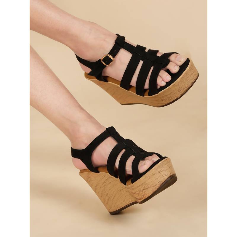 Flat n Heels Women Black Wedges Heels (EURO 36)