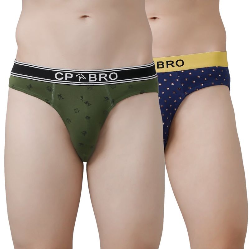 CP BRO Printed Briefs with Exposed Waistband Value - Olive Green & Navy (Pack of 2) (XL)