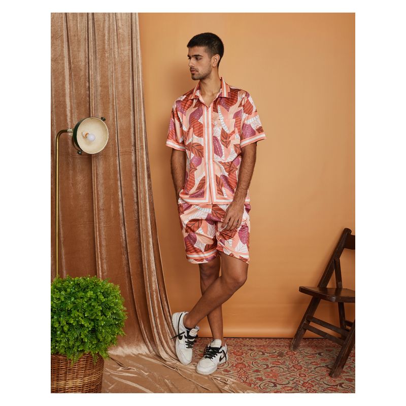 CLUBHAVANA Orange Earthy Drift Leaf Premium Soft Satin Co-Ord Set (S)