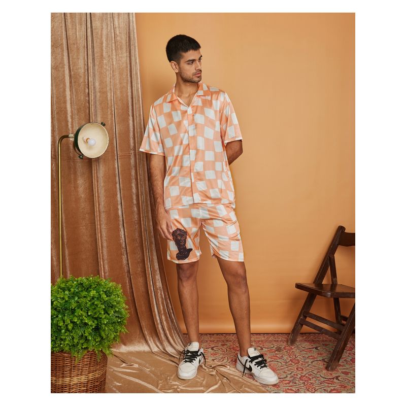 CLUBHAVANA Orange Fuzzy Checked Premium Soft Satin Co-Ord Set (M)