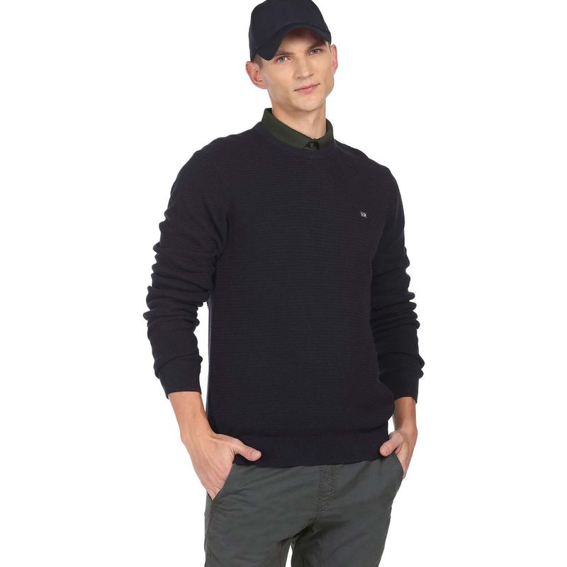 Arrow Sports Men Navy Blue Solid Patternned Knit Cotton Sweater (L)