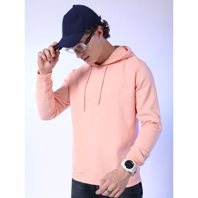 The Indian Garage Co Men Peach Regular Fit Solid Hooded Full Sleeves Hoodies (S)