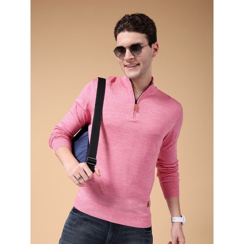The Indian Garage Co Men Pink Regular Fit Solid Full Sleeves High Neck Sweater (M)