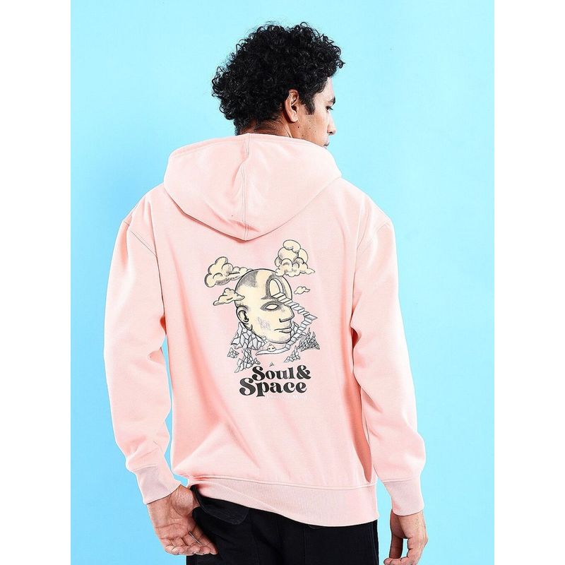 The Indian Garage Co Men Peach Oversized Fit Printed Hooded Full Sleeves Hoodies (L)