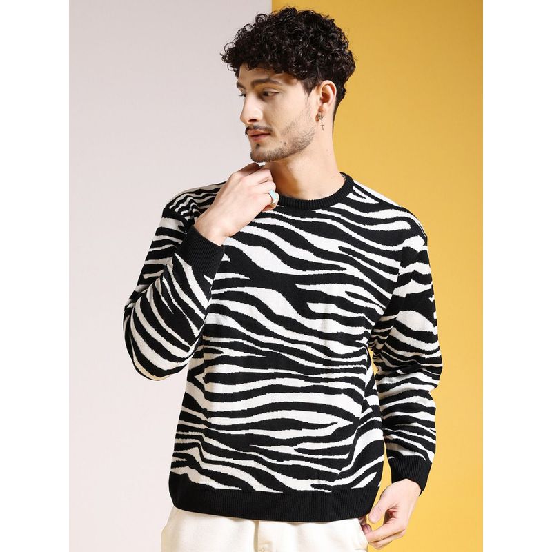 The Indian Garage Co Men Black Oversized Fit Animal Printed Full Sleeves Sweater (M)